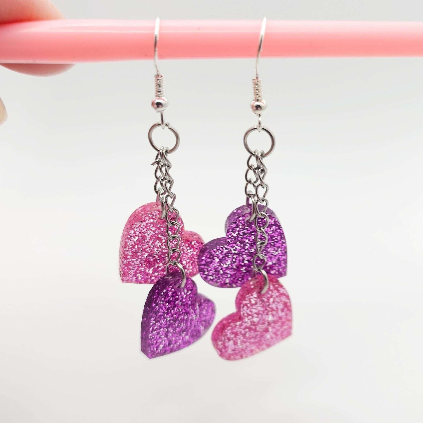 Pink and Purple Heart Dangle Earrings, Glitter Acrylic Heart Earrings, Stainless Steel Hooks, Cute Sparkly Statement Jewelry Gift