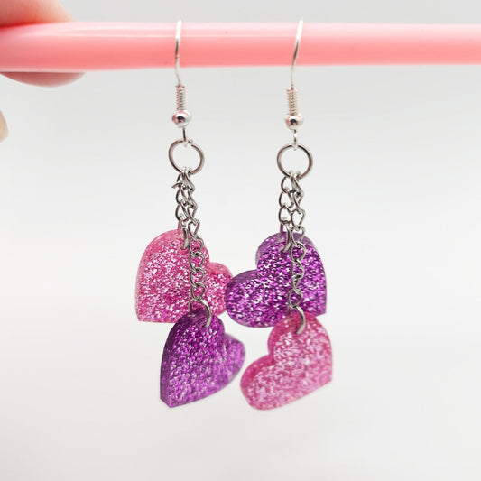 Pink and Purple Heart Dangle Earrings, Glitter Acrylic Heart Earrings, Stainless Steel Hooks, Cute Sparkly Statement Jewelry Gift