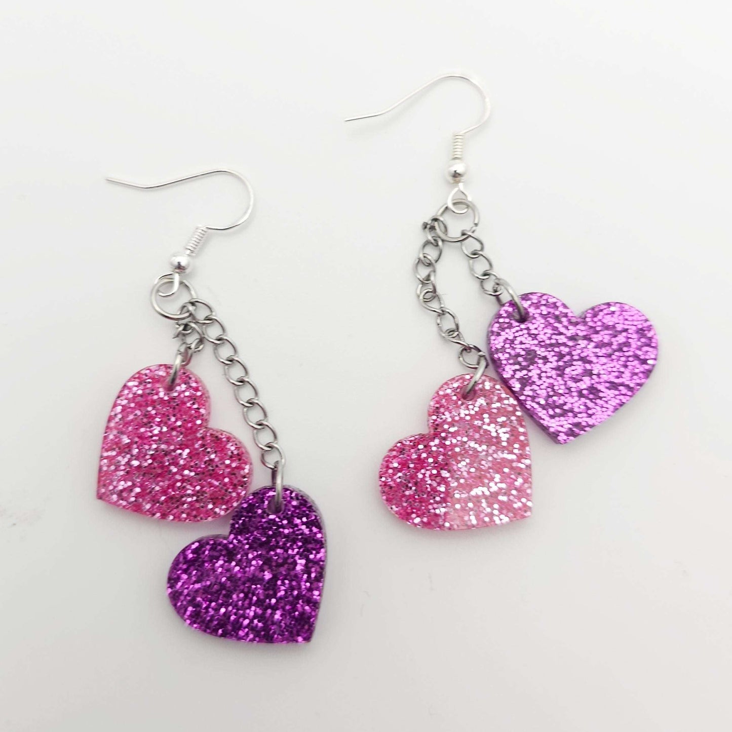 Pink and Purple Heart Dangle Earrings, Glitter Acrylic Heart Earrings, Stainless Steel Hooks, Cute Sparkly Statement Jewelry Gift