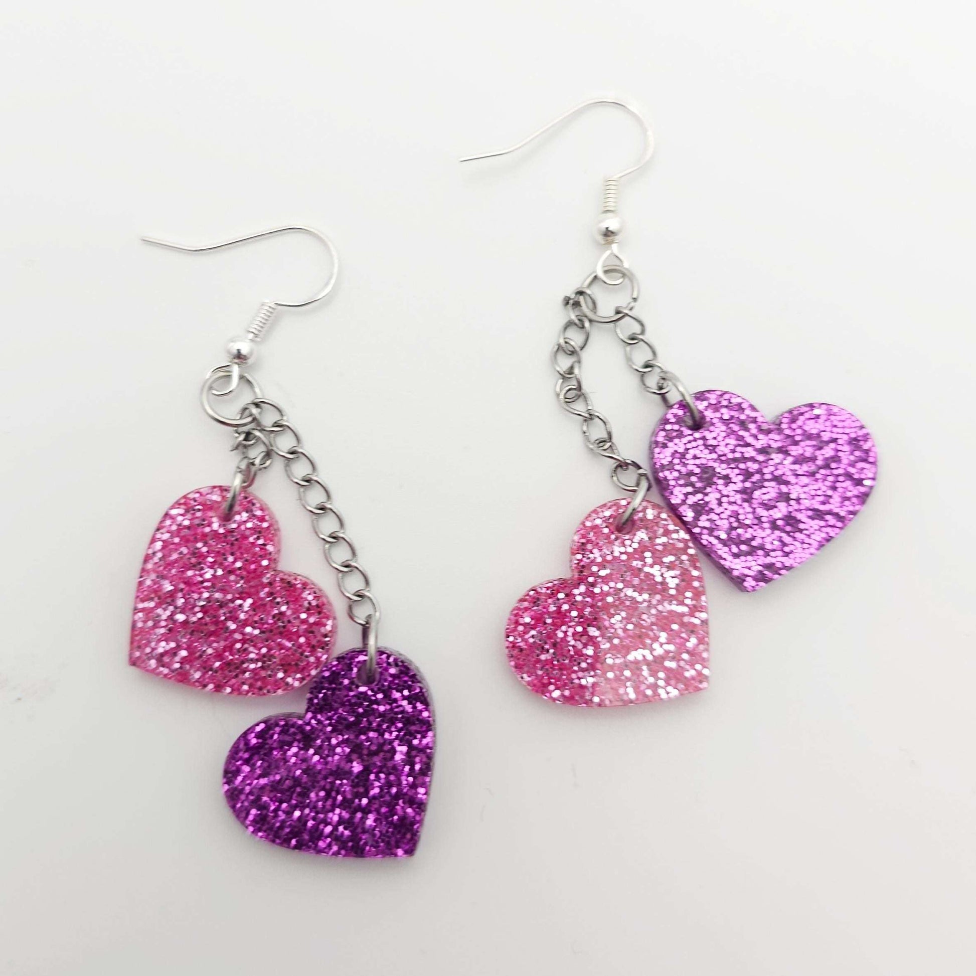 Pink and Purple Heart Dangle Earrings, Glitter Acrylic Heart Earrings, Stainless Steel Hooks, Cute Sparkly Statement Jewelry Gift