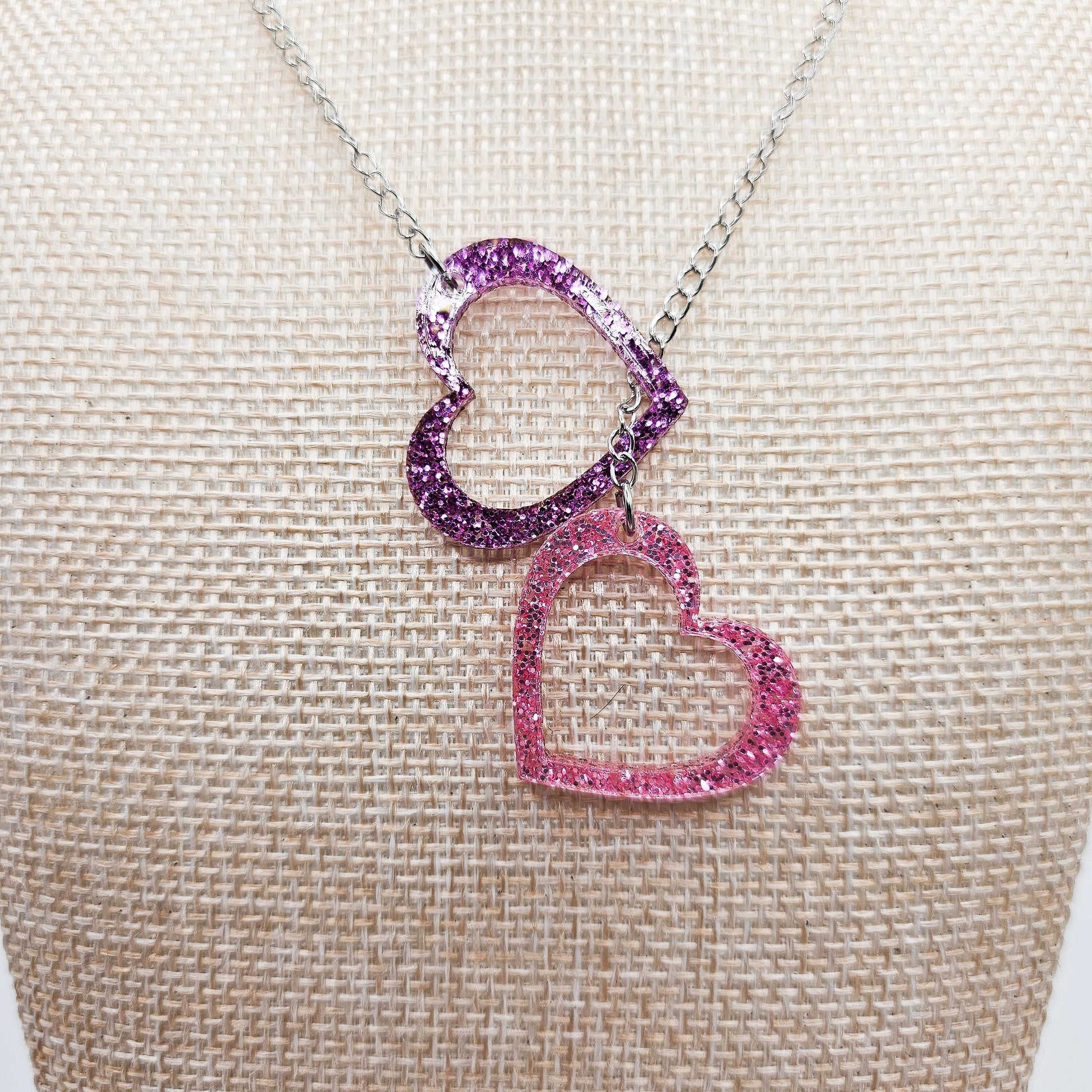Purple & Pink Glitter Heart Necklace, Double Acrylic Heart Pendant, Adjustable Stainless Steel Chain Jewelry, Cute Gift for Her