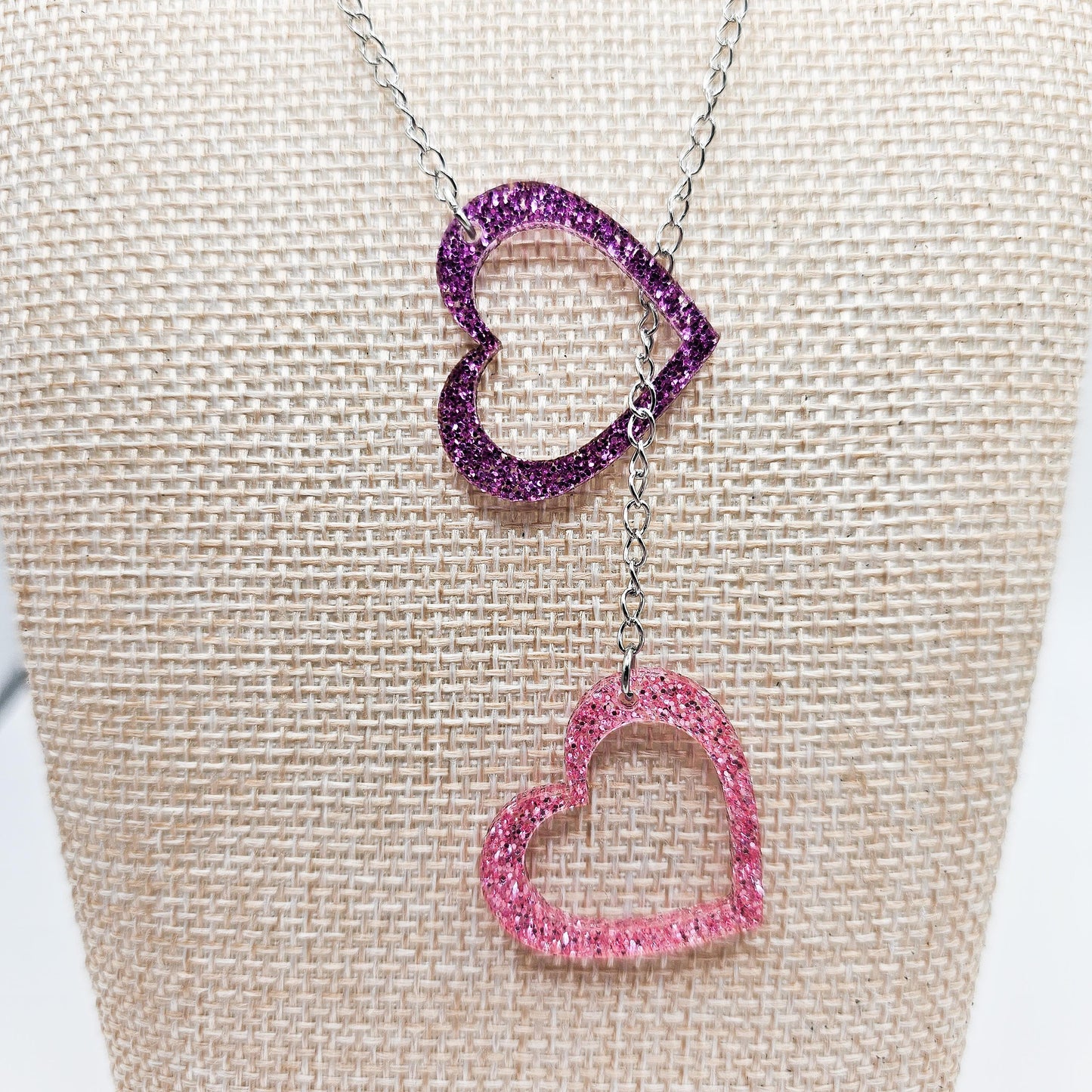 Purple & Pink Glitter Heart Necklace, Double Acrylic Heart Pendant, Adjustable Stainless Steel Chain Jewelry, Cute Gift for Her