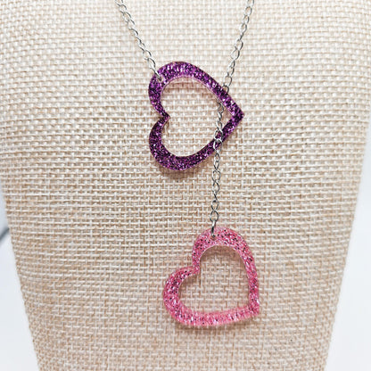 Purple & Pink Glitter Heart Necklace, Double Acrylic Heart Pendant, Adjustable Stainless Steel Chain Jewelry, Cute Gift for Her