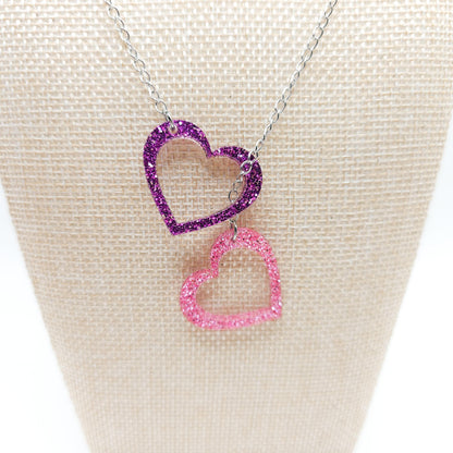Purple & Pink Glitter Heart Necklace, Double Acrylic Heart Pendant, Adjustable Stainless Steel Chain Jewelry, Cute Gift for Her