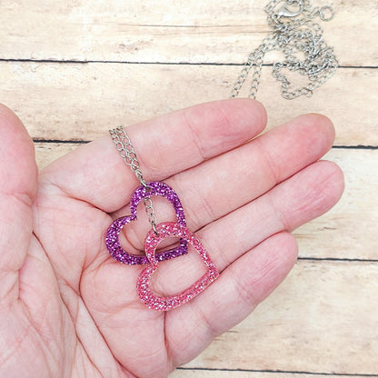 Purple & Pink Glitter Heart Necklace, Double Acrylic Heart Pendant, Adjustable Stainless Steel Chain Jewelry, Cute Gift for Her