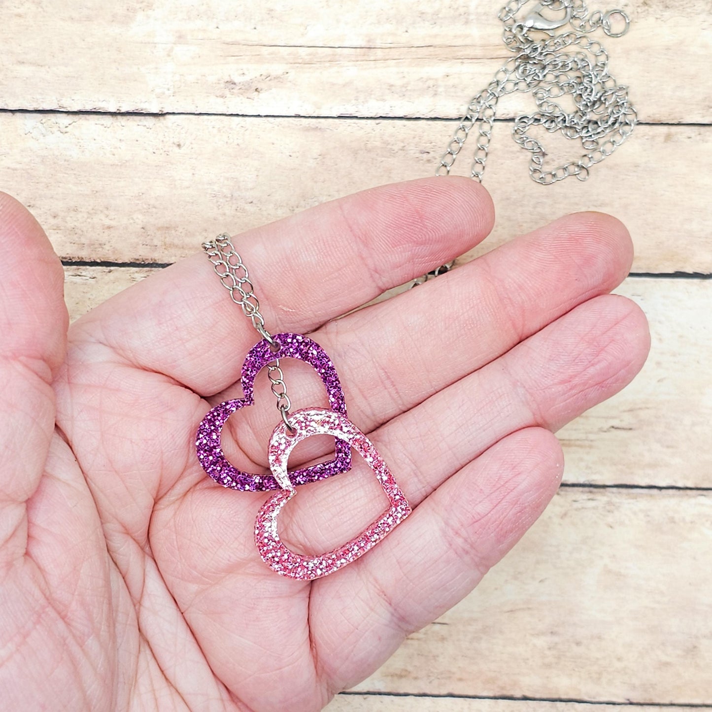 Purple & Pink Glitter Heart Necklace, Double Acrylic Heart Pendant, Adjustable Stainless Steel Chain Jewelry, Cute Gift for Her