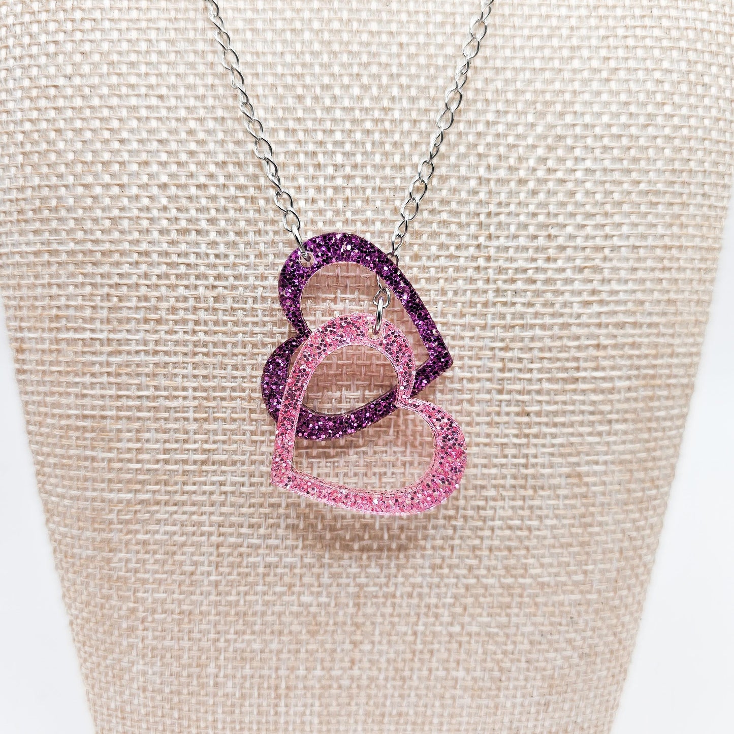 Purple & Pink Glitter Heart Necklace, Double Acrylic Heart Pendant, Adjustable Stainless Steel Chain Jewelry, Cute Gift for Her