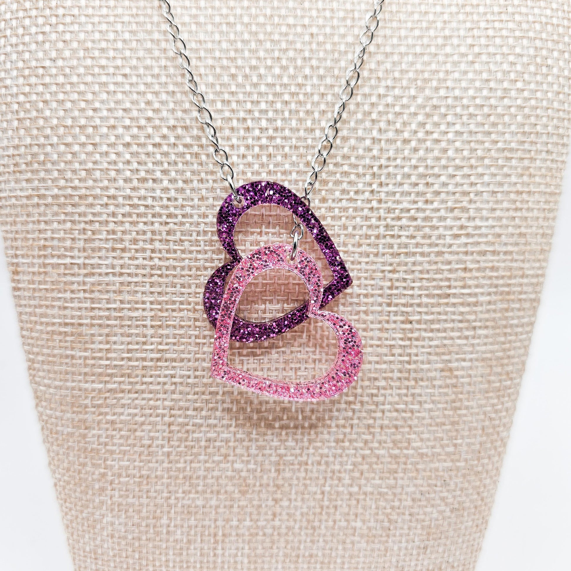 Purple & Pink Glitter Heart Necklace, Double Acrylic Heart Pendant, Adjustable Stainless Steel Chain Jewelry, Cute Gift for Her