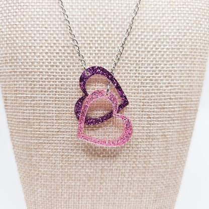 Purple & Pink Glitter Heart Necklace, Double Acrylic Heart Pendant, Adjustable Stainless Steel Chain Jewelry, Cute Gift for Her
