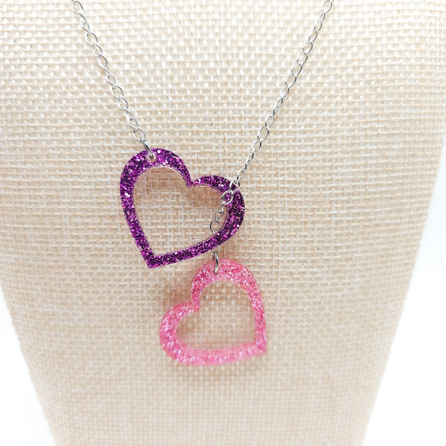 Purple & Pink Glitter Heart Necklace, Double Acrylic Heart Pendant, Adjustable Stainless Steel Chain Jewelry, Cute Gift for Her