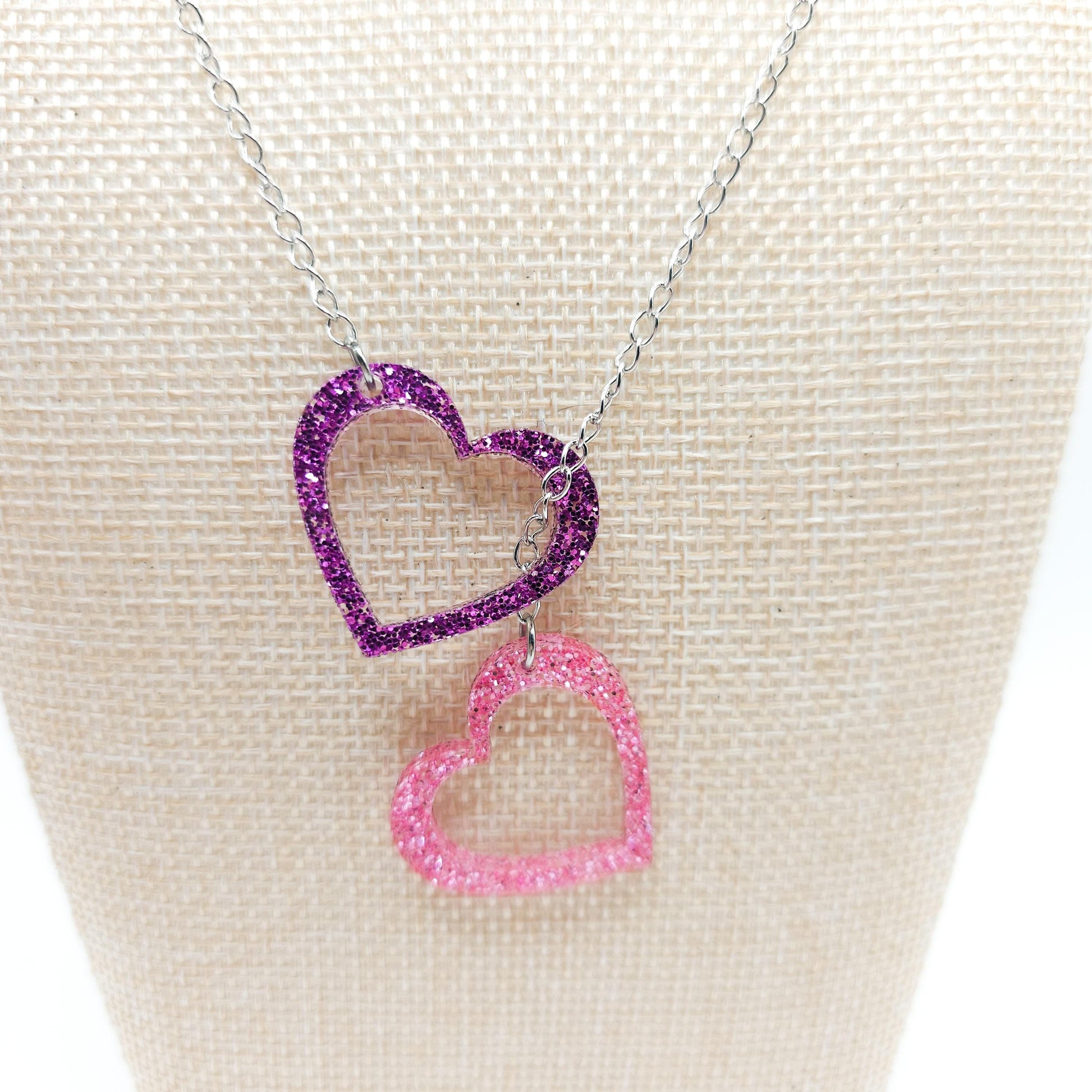 Purple & Pink Glitter Heart Necklace, Double Acrylic Heart Pendant, Adjustable Stainless Steel Chain Jewelry, Cute Gift for Her