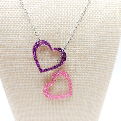 Purple & Pink Glitter Heart Necklace, Double Acrylic Heart Pendant, Adjustable Stainless Steel Chain Jewelry, Cute Gift for Her