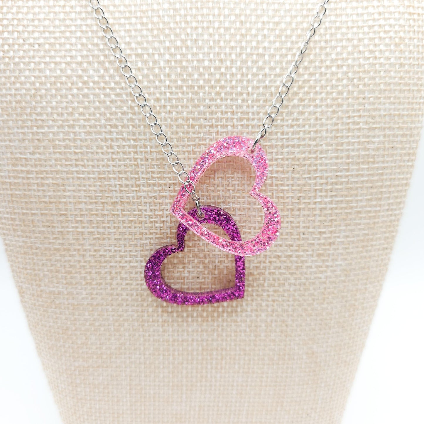 Purple & Pink Glitter Heart Necklace, Double Acrylic Heart Pendant, Adjustable Stainless Steel Chain Jewelry, Cute Gift for Her