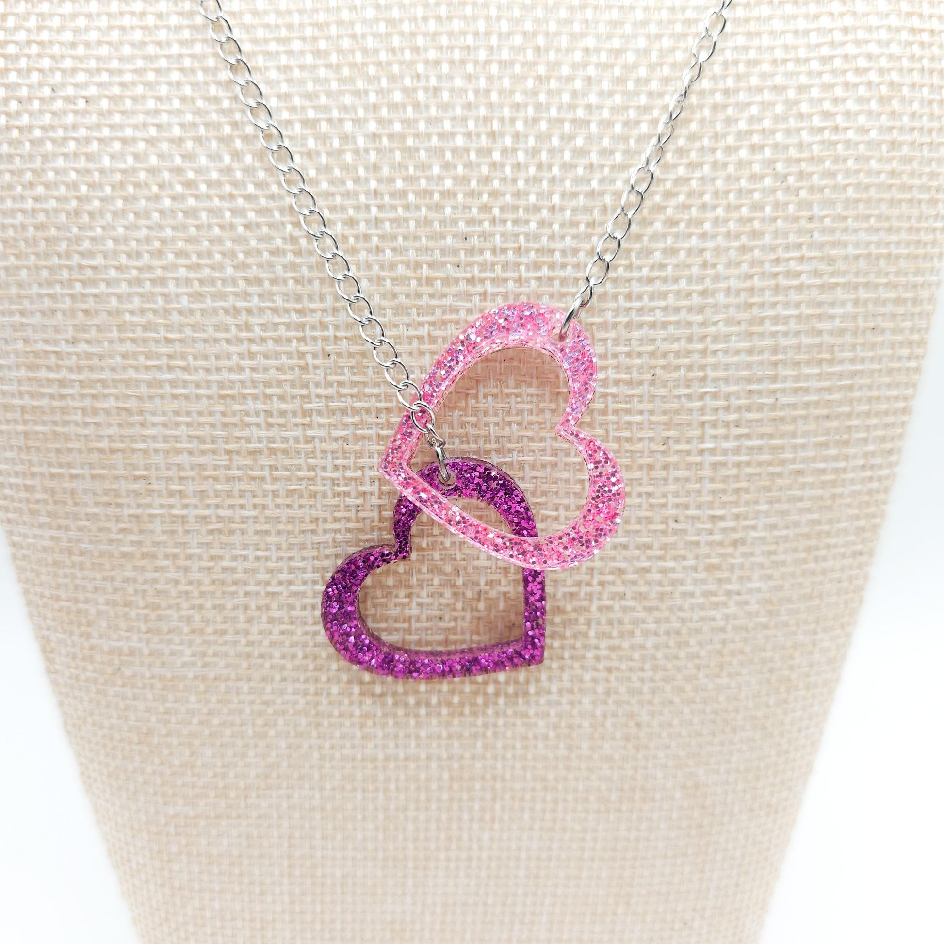 Purple & Pink Glitter Heart Necklace, Double Acrylic Heart Pendant, Adjustable Stainless Steel Chain Jewelry, Cute Gift for Her