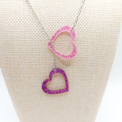Purple & Pink Glitter Heart Necklace, Double Acrylic Heart Pendant, Adjustable Stainless Steel Chain Jewelry, Cute Gift for Her