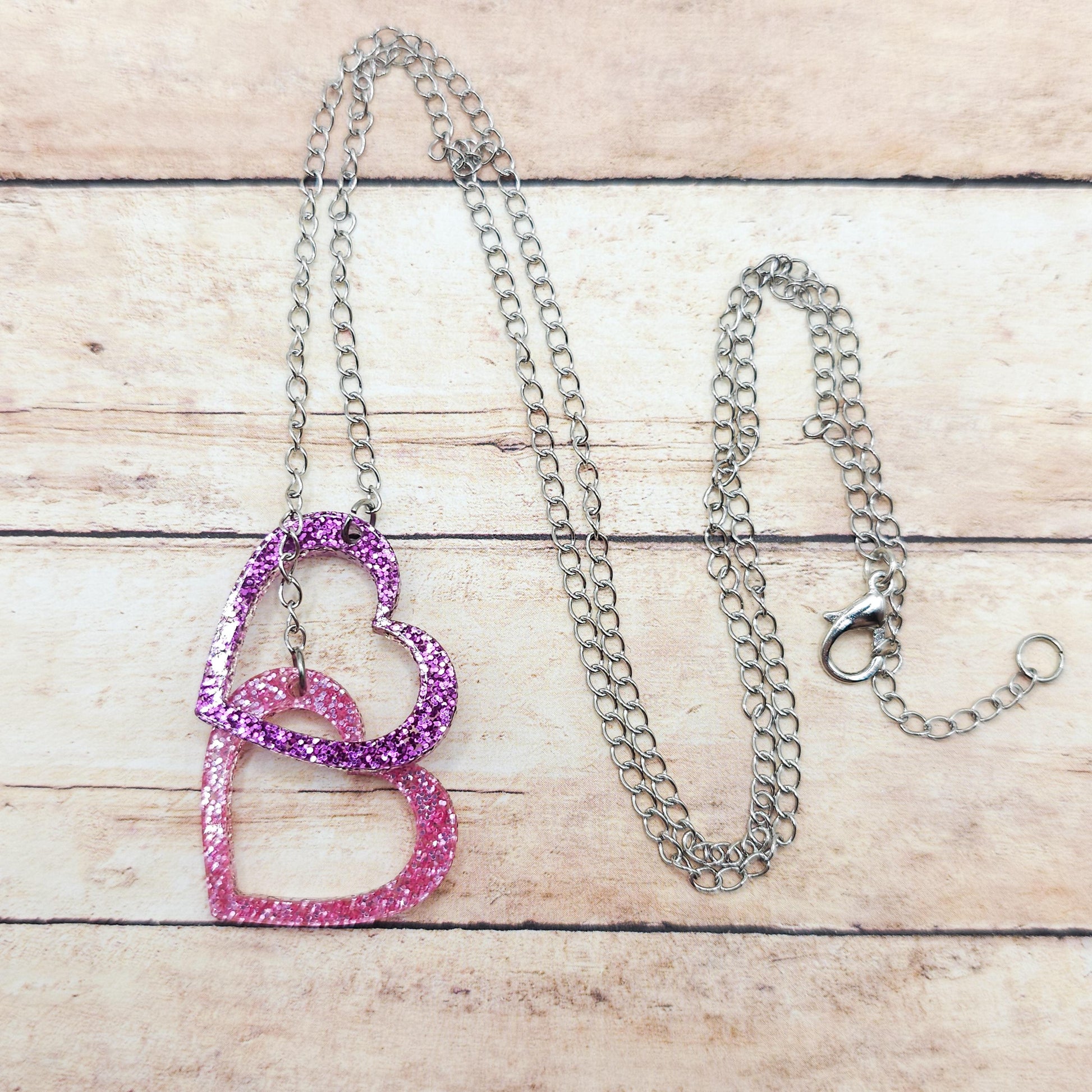 Purple & Pink Glitter Heart Necklace, Double Acrylic Heart Pendant, Adjustable Stainless Steel Chain Jewelry, Cute Gift for Her