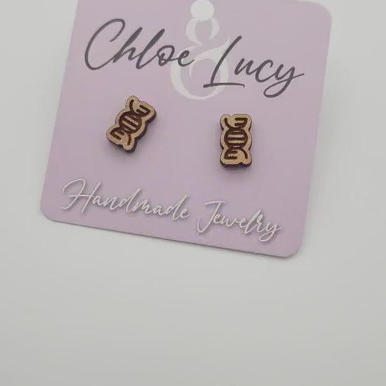 Wooden DNA Helix Stud Earrings, Science Biology Geek Accessory