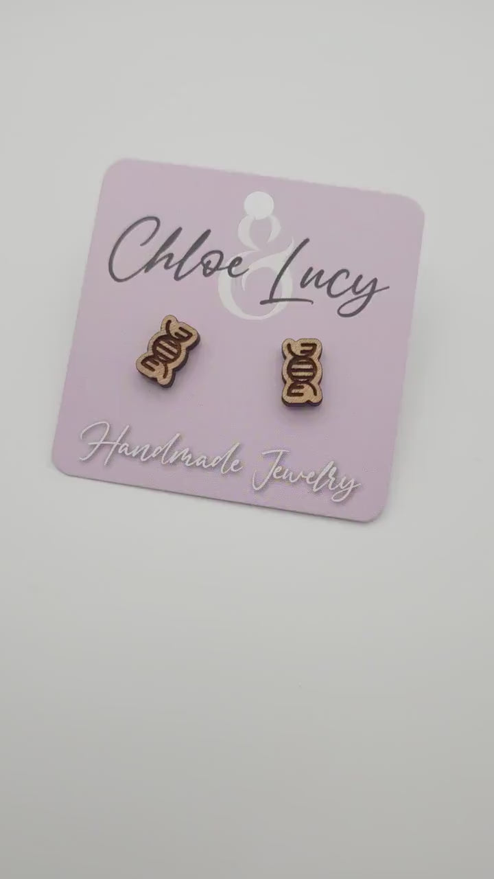 Wooden DNA Helix Stud Earrings, Science Biology Geek Accessory