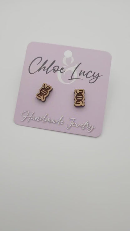 Wooden DNA Helix Stud Earrings, Science Biology Geek Accessory