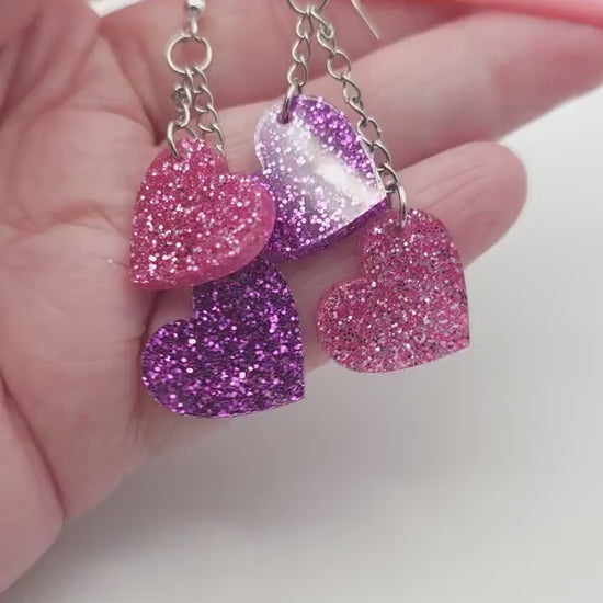 Pink and Purple Heart Dangle Earrings, Glitter Acrylic Heart Earrings, Stainless Steel Hooks, Cute Sparkly Statement Jewelry Gift