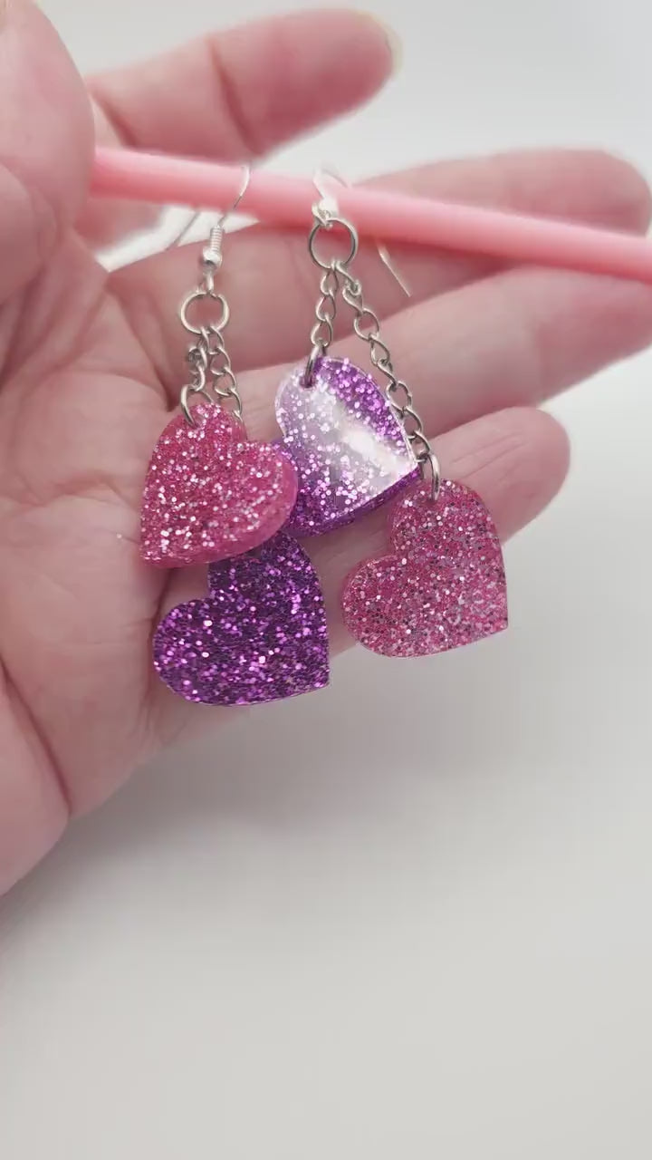 Pink and Purple Heart Dangle Earrings, Glitter Acrylic Heart Earrings, Stainless Steel Hooks, Cute Sparkly Statement Jewelry Gift